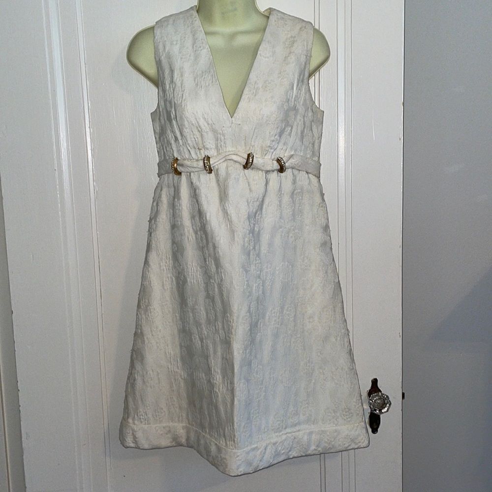 Vtg 60s Kent Originals Ltd white brocade V neck dress with rhinestone detailing